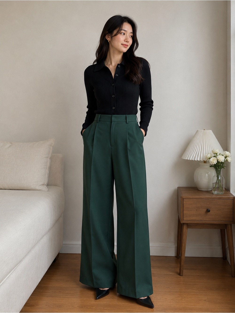Simons Contemporaine Forest Green Wide-Leg Trousers
